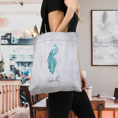 Teal Elegant Peacock Personalized Tote Bag