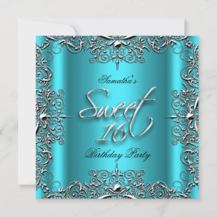 Teal Elegant Sweet Sixteen 16 Birthday Party Invitation