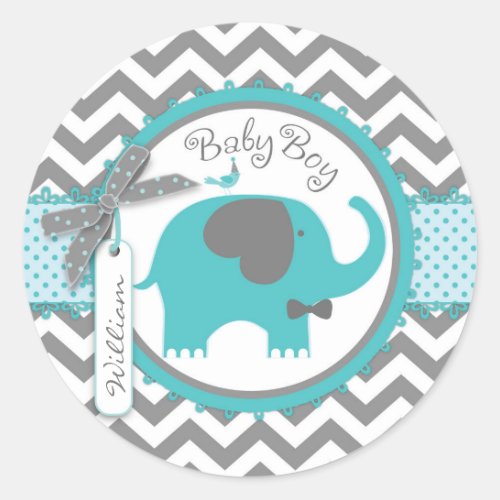 Teal Elephant Bow_tie Chevron Print Baby Shower Classic Round Sticker