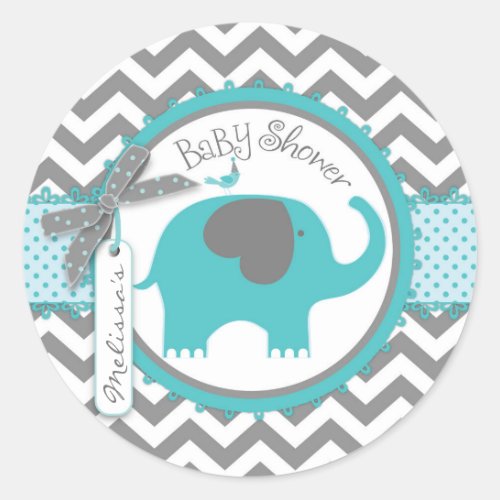 Teal Elephant Boy Chevron Print Baby Shower Classic Round Sticker