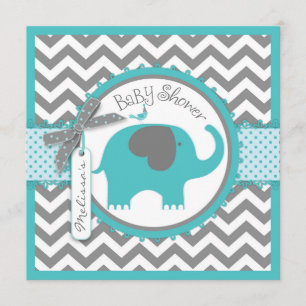 Teal Elephant Boy Chevron Print Baby Shower Invitation