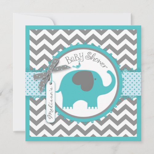 Teal Elephant Boy Chevron Print Baby Shower Invitation