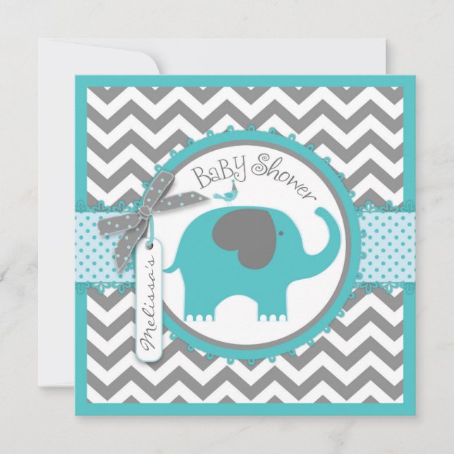 Teal Elephant Boy Chevron Print Baby Shower Invitation (Front)