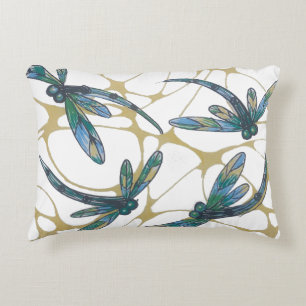 Teal & Emerald Dragonflies on Retro Yellow Groove Accent Pillow