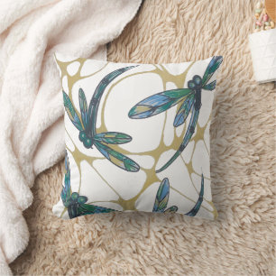 Teal & Emerald Dragonflies on Retro Yellow Groove Throw Pillow