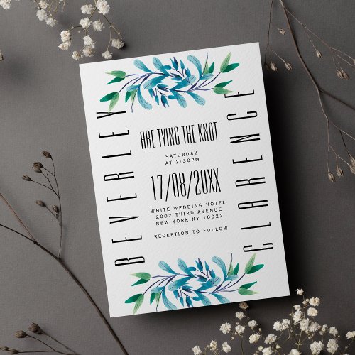 Teal emerald green floral typography theme wedding invitation