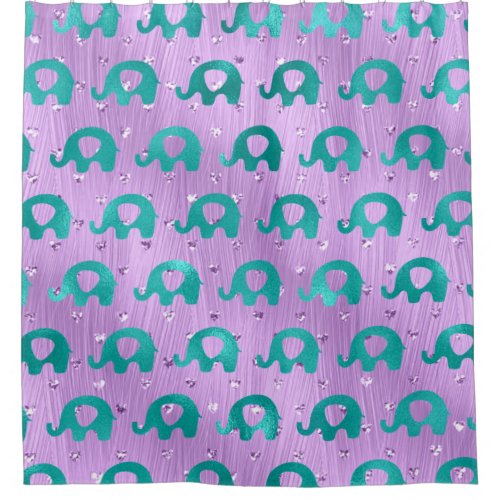 Teal Emerald Purple Herats Animals Baby Elephants Shower Curtain