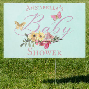 Teal Enchanted Flowers and Butterflies Baby Shower Sign
