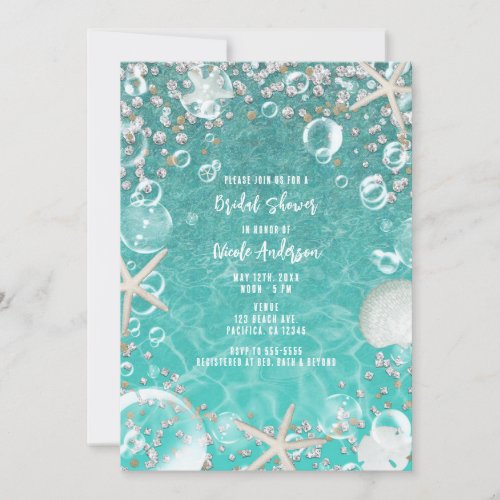 Teal Enchanted Sea Starfish  Bubbles Bridal Invitation