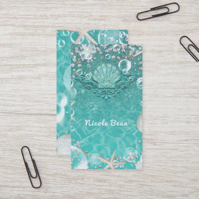Teal Enchanted Sea Starfish & Bubbles Ocean Beach Business Card (Front/Back In Situ)
