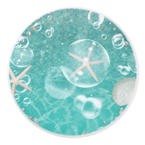 Teal Enchanted Sea Starfish  Bubbles Ocean Beach Ceramic Knob