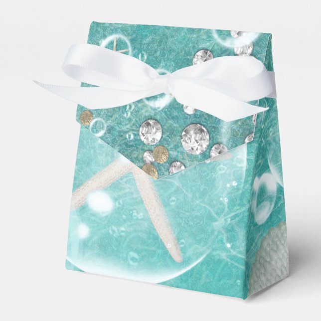 Teal Enchanted Sea Starfish & Bubbles Ocean Beach Favor Boxes (Front Side)