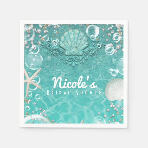 Teal Enchanted Sea Starfish  Bubbles Ocean Party Paper Napkins