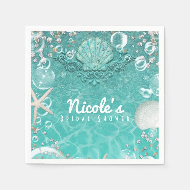 Teal Enchanted Sea Starfish & Bubbles Ocean Party Paper Napkins (Front)