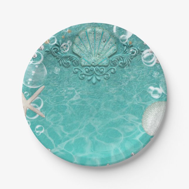 Teal Enchanted Sea Starfish & Bubbles Ocean Party Paper Plates (Front)