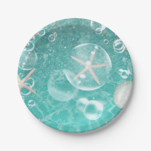 Teal Enchanted Sea Starfish & Bubbles Ocean Party Paper Plates