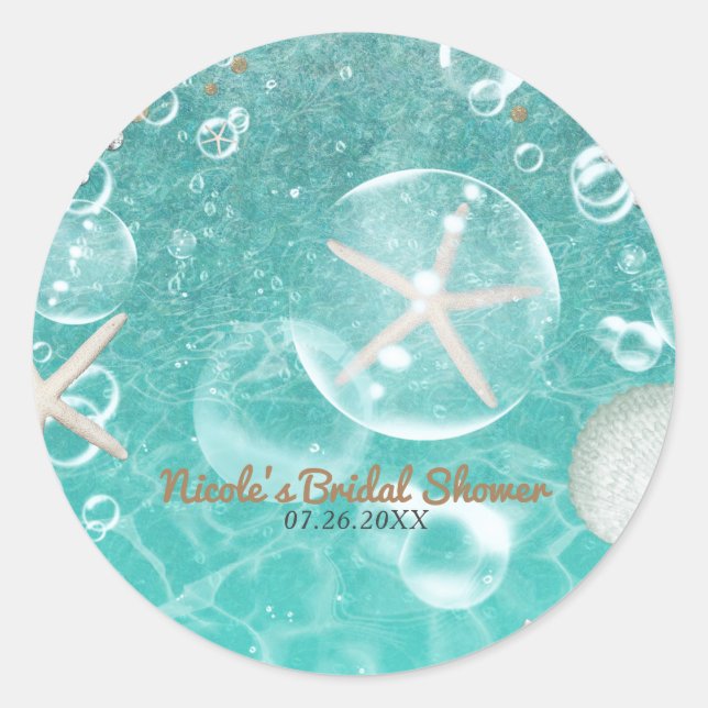 Teal Enchanted Sea Starfish & Bubbles Party Favor Classic Round Sticker (Front)