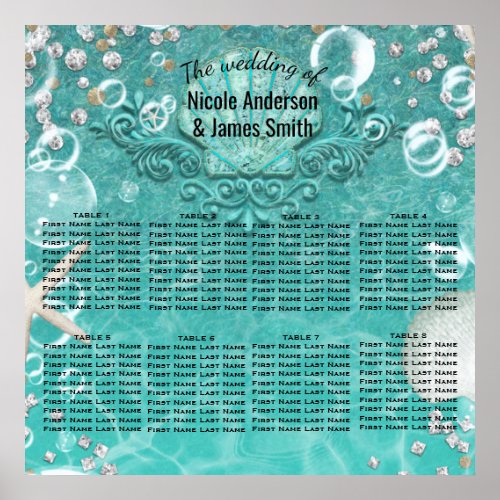 Teal Enchanted Sea Starfish Bubbles Table Seating Poster