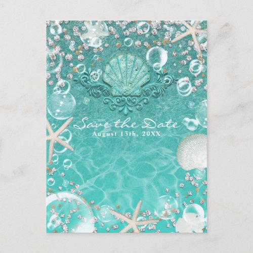 Teal Enchanted Starfish  Bubbles Save the Date Announcement Postcard