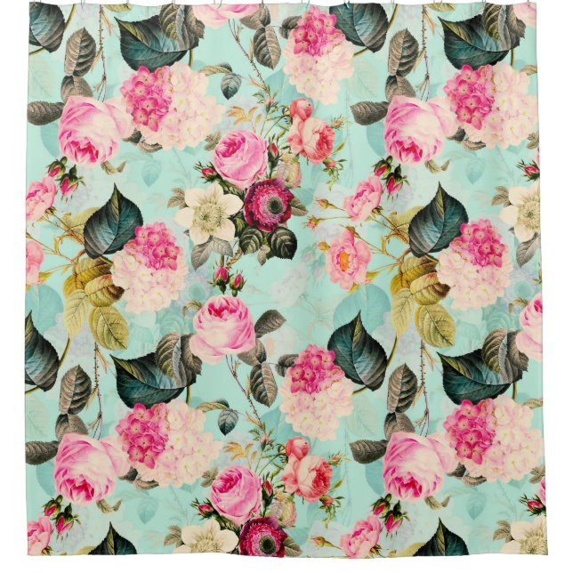 Teal Enchanting Vintage Rococo Roses Garden Shower Curtain (Front)