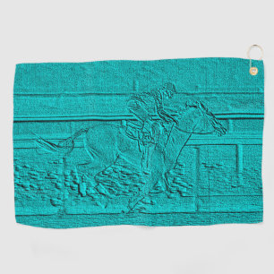 Teal Etched Look Horse Racing Silhouette Golf Towel