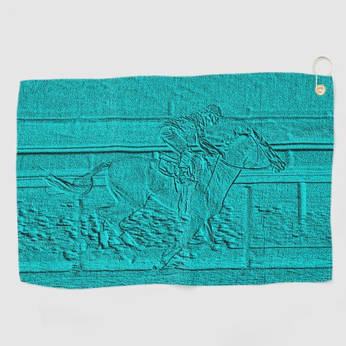 Teal Etched Look Horse Racing Silhouette Golf Towel