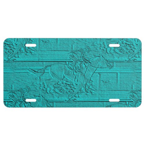 Teal Etched Look Horse Racing Silhouette License Plate