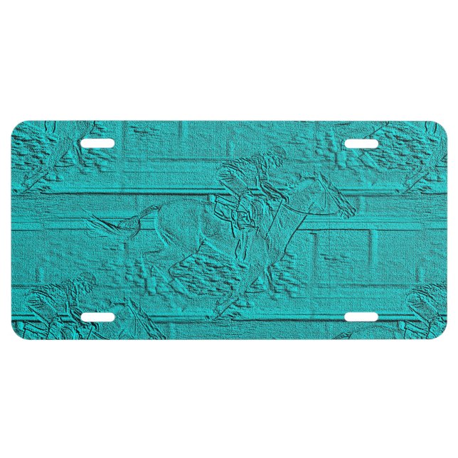 Teal Etched Look Horse Racing Silhouette License Plate (Front)