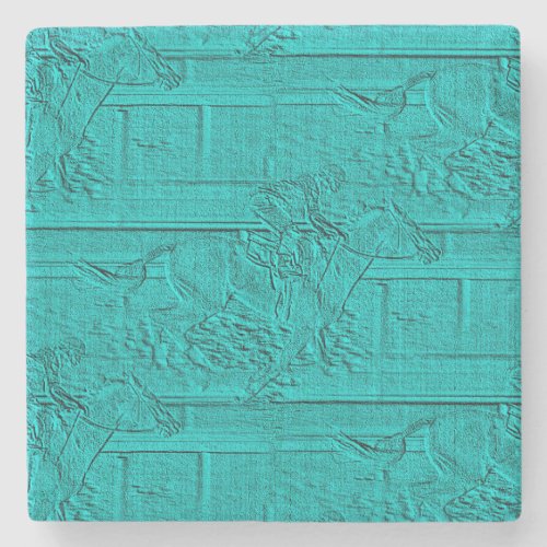 Teal Etched Look Horse Racing Silhouette Stone Coaster