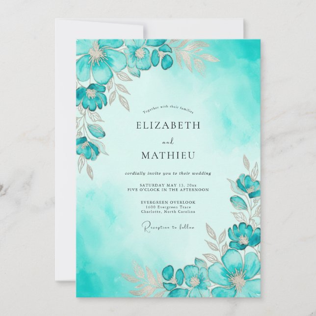 Teal Ethereal Watercolor Wedding Invitation (Front)