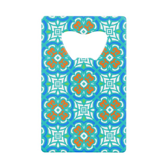Teal Ethnic Pattern Credit Card Bottle Opener (Front)