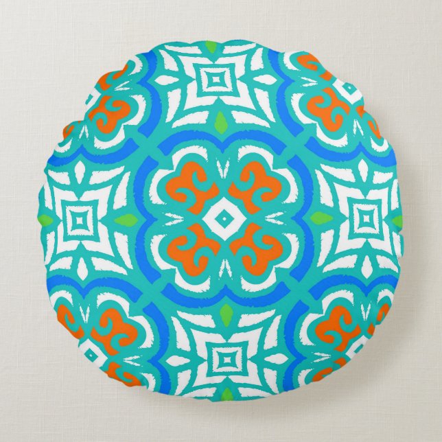 Teal Ethnic Pattern Round Pillow (Front)