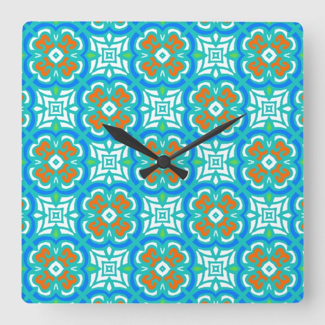 Teal Ethnic Pattern Square Wall Clock (Front)