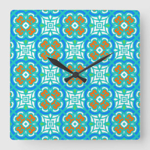 Teal Ethnic Pattern Square Wall Clock