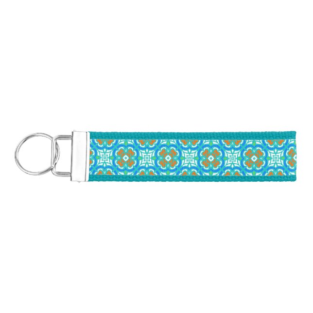 Teal Ethnic Pattern Wrist Keychain (Keys on Left)