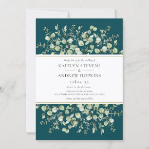 Teal Eucalyptus All In One Wedding Invitation