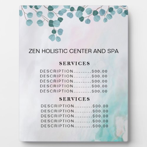 Teal Eucalyptus Spa Salon Services Price Menu Plaque