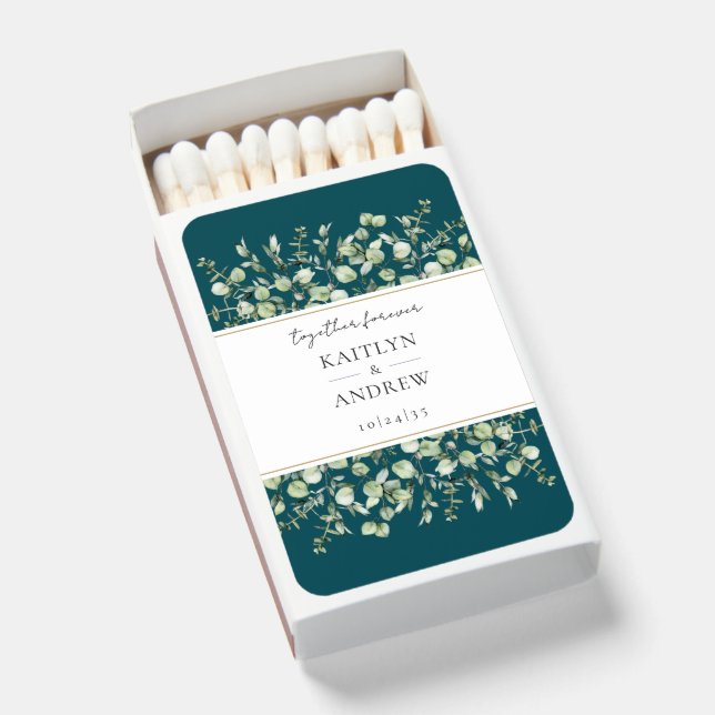 Teal Eucalyptus Together Forever Wedding  Matchboxes (Front Open)