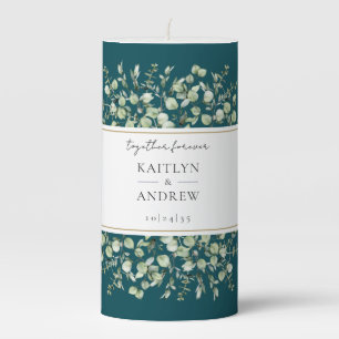 Teal Eucalyptus Together Forever Wedding Pillar Candle