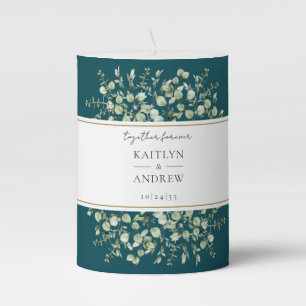 Teal Eucalyptus Together Forever Wedding Pillar Candle