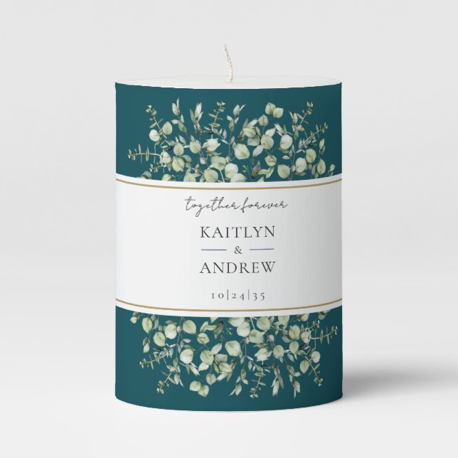 Teal Eucalyptus Together Forever Wedding Pillar Candle (Front)