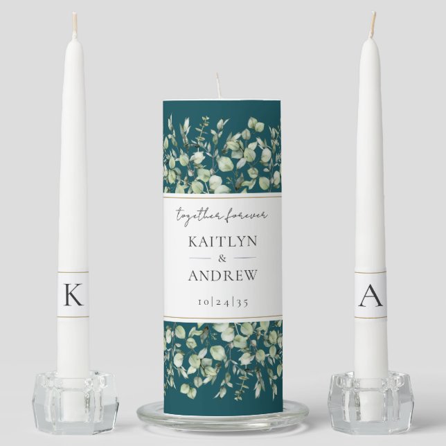 Teal Eucalyptus Together Forever Wedding Unity Candle Set (Front)