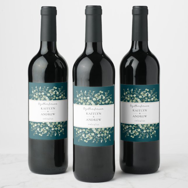 Teal Eucalyptus Together Forever Wedding  Wine Label (Bottles)