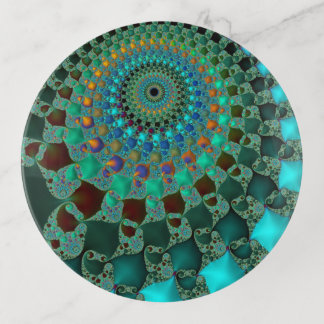 Teal Eye of Chameleon Abstract Fractal Mandala Trinket Tray