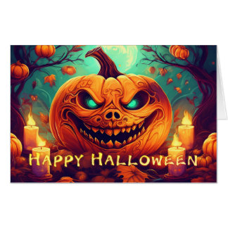 Teal-Eyed Pumpkin Candles Full Moon Halloween Card