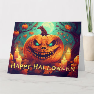 Teal-Eyed Pumpkin Candles Full Moon Halloween Card