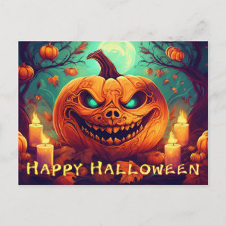 Teal-Eyed Pumpkin Candles Full Moon Halloween Holiday Postcard