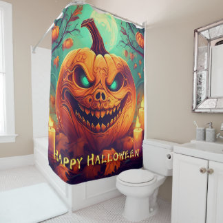 Teal-Eyed Pumpkin Candles Full Moon Halloween Shower Curtain