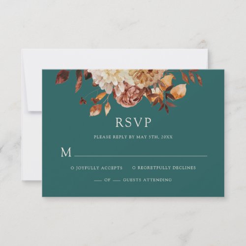 Teal Fall Copper Floral Wedding RSVP Card