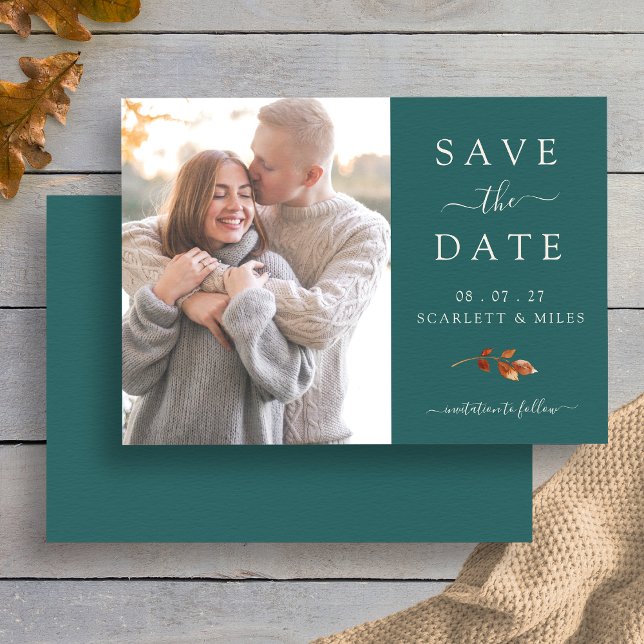 Teal Fall Leaves Photo Save The Date Wedding (Elegant Teal Fall Leaf Photo Save The Date Wedding Card by Painted Paperie
)